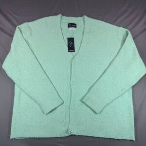 Original Use Mens XL Mint Green Nylon Fuzzy Eyelash Knit V-Neck Button Cardigan